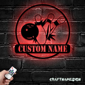 Custom Bowling Ball Metal Wall Art with LED Light - Personalized Bowling Player Name Sign Home Decor - Ideal for Home Decor & Gift