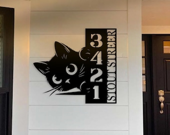 Custom Modern Peeking Cat Metal Number Metal Address Sign, Adorable Cat Pet Number Metal Name Sign Outdoor, Outdoor House Number Address