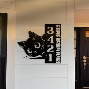 Custom Modern Peeking Cat Metal Number Metal Address Sign, Adorable Cat Pet Number Metal Name Sign Outdoor, Outdoor House Number Address