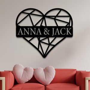 Personalized Geometric Heart Metal Led Light, Happy Valentine&#39;s Day Wall Art, Gift for Couple, Custom Couple Name Metal Sign, Wedding Decor