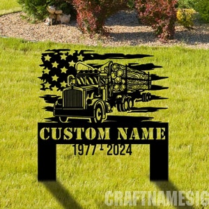 May include: Black metal silhouette of a semi-truck hauling logs with an American flag background. The truck is driving to the right. The sign has the text "CUSTOM NAME 1977-2024".