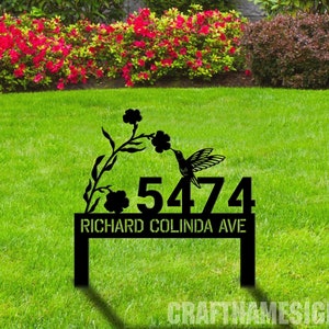 Custom Hummingbird Metal Adress Sign With Stakes, Home Address Sign, Metal Yard Decor, Metal Number Sign, Garden Gift, House Number Address