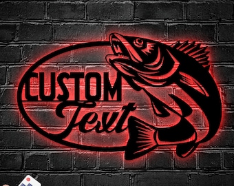 Custom Walleye Fishing Metal Sign with LED Lights, Fishing Wall Art, Walleye Fishing Wall Hanging For Decoration, Gift for Dad Fishing Lover
