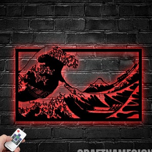 Große Welle Metall Wandkunst Led-Licht, große Welle Metallschild, Hokusai japanische Metall Wanddekor, Kanagawa Wandkunst, über dem Bett Dekor, Styline