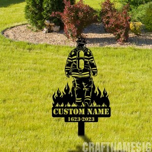 Custom Fire Fighter Fireman Memorial Metal Stake, Firefighter Memorial Plaque with Stake, Firefighter Grave Maker, Fireman Cemetery Stake