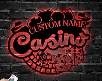 Casino Metal Wall Art LED Light, Playing Cards Metal Sign, Custom Name ...