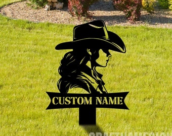Custom Cowgirl Memorial Stake, Cowgirl Memorial Plaque with Stake, Cowgirl Grave Marker, Metal Grave Stake, In Loving Memory, Cemetery Stake