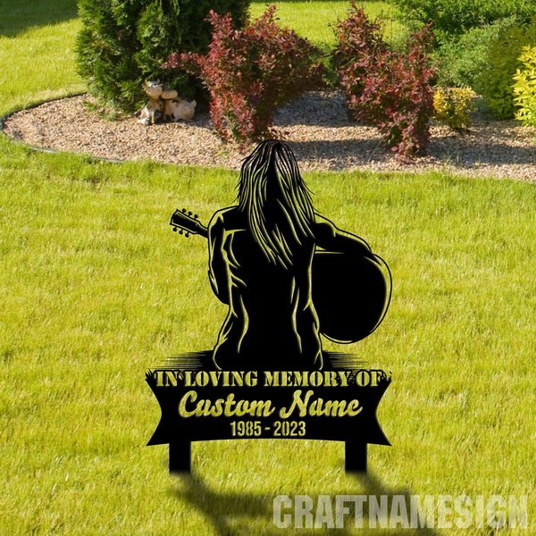 Custom Girl Playing Guitar Guitarist Musician Memorial Stake, Memorial Plaque with Stake, Grave Marker, Metal Grave Stake, Cemetery Stake