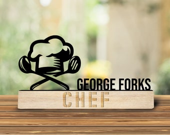 Benutzerdefinierte hölzerne Chef Schreibtisch Namensschild, Chefkoch Silhouette Metall Typenschild für Schreibtisch, Küche Schreibtisch Dekor, Chefkoch Dekor, Schreibtisch Namensschild, neuer Job Geschenk