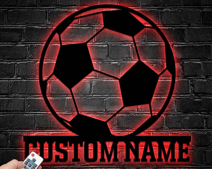 Personalized Soccer Ball Metal Wall Art With LED Light, Custom Soccer Player Name Sign Decoration For Room, Soccer Ball Metal LED Decor