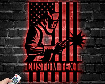 Custom Ironworker Welding US Flag Metal Wall Art LED Light, Welder Dad Gifts, Birthday Gift for Husband Boyfriend Coworker, Workshop Decor
