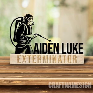 Custom Wooden Pest Control Desk Name Plate, Exterminator Metal Nameplate for desk, Desk Decor, Office Decor, Desk Name Plate, New Job Gift