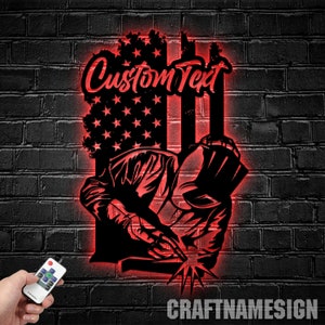 Custom Ironworker Welding US Flag Metal Wall Art LED Light, Welder Dad Gifts, Birthday Gift for Husband Boyfriend Coworker, Workshop Decor