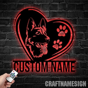 Personalized GSD German Shepherd Husky Mix Metal Wall Art LED Light, Custom Can de Palleiro Dog Name Sign Home Decor, Pet Nursery Decoration
