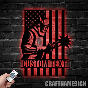 Custom Ironworker Welding US Flag Metal Wall Art LED Light, Welder Dad Gifts, Birthday Gift for Husband Boyfriend Coworker, Workshop Decor