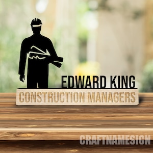 Custom Wooden Construction Managers Desk Name Plate, Engineer Metal Nameplate for desk, Desk Office Decor, Desk Name Plate, New Job Gift