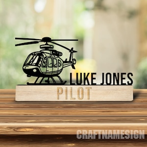 Custom Wooden Helicopter Airplane Desk Name Plate, Pilot Metal Nameplate for desk, Pilot Desk Nameplate, Office Decor, Pilot Desk Name Plate