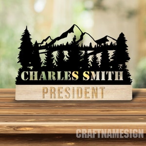 Custom Wooden Hiking Desk Name Plate, Nature Mountain Forest Adventure Hiker Metal Nameplate for desk, Desk Nameplate, Office Deco for Hiker