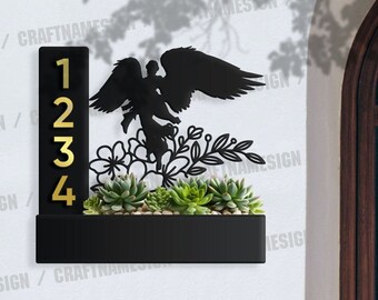 Custom Angel Succulents Planter House Number Sign, Planter Address Plaque, Address Planter Box, Weather Resistant Steel Address Planter