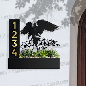 Custom Angel Succulents Planter House Number Sign, Planter Address Plaque, Address Planter Box, Weather Resistant Steel Address Planter