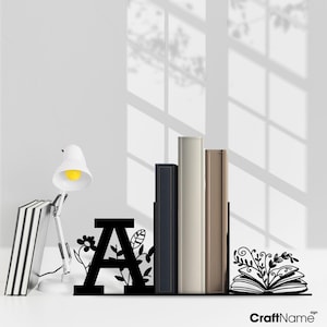 Personalized Monogram Book Flower Bookend Art, Custom Last Name Book Ends, Book Stand Black Metal Art, Book Nook Office Decor for Book Lover