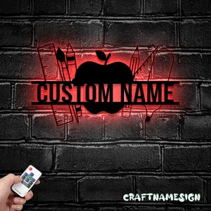 Custom Teacher School Supplies Metal Wall Art LED Light - Personalized Teacher Name Sign Home Decor - Ideal for Home Decor & Gift