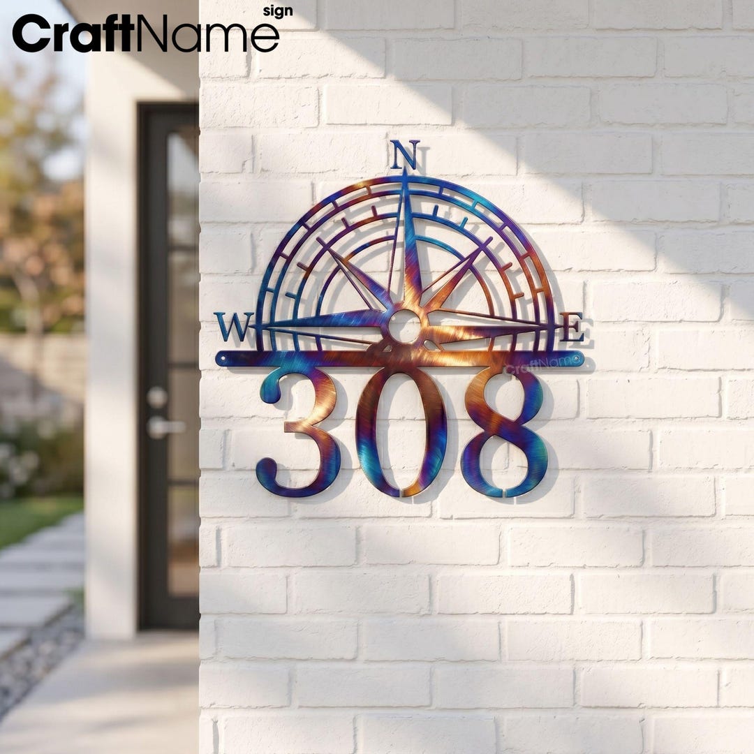 Nautical Compass Metal House Number Wall Sign, Adventure Sculpture ...