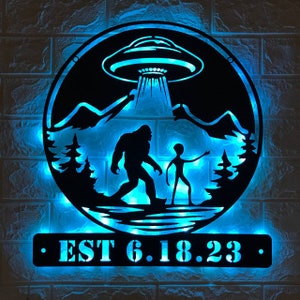 Custom Bigfoot Alien UFO Metal Wall Art Led Light - Personalized Sasquatch Name Sign Decor - UFO lover gift - Unique alien gifts