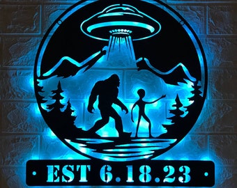 Custom Bigfoot Alien UFO Metal Wall Art Led Light - Personalized Sasquatch Name Sign Decor - UFO lover gift - Unique alien gifts