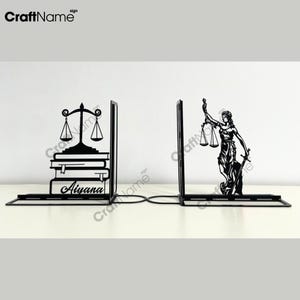 Personalized Lawyer Metal Bookends, Custom Scale Of Justice Name Book End, Book Stand Black Metal Art, Book Nook Office Decor for Book Lover