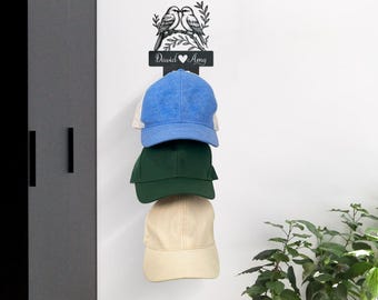 Custom Couple Bird Hat Rack Metal Wall Art, Hat Organizer, Personalized Love Birds Hat Holder, Wall Cap Hanger for Couples, Anniversary Gift