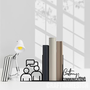 Personalized Communications Bookend Table Decor, Custom Communicator Name Book End, Book Stand Black Metal Art, Book Nook Office Decor