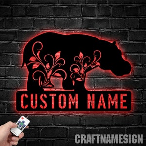 Personalized Hippo Head Metal Wall Art LED Light, Custom Cute Hippo Name Sign Decor, Kid Nursery Decoration Hippopotamus Xmas Gift