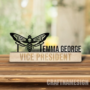 Custom Wooden Butterfly Skull Desk Name Plate, Emo Goth Butterfly Metal Nameplate for desk, Office Decor, Desk Name Plate, New Job Gift