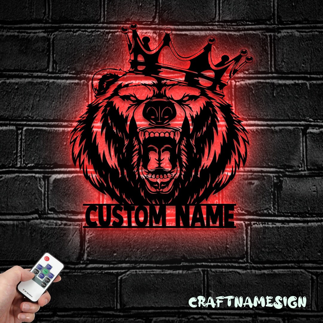 Custom Grizzly Bear Metal Wall Art LED Light Personalized Angry Bear