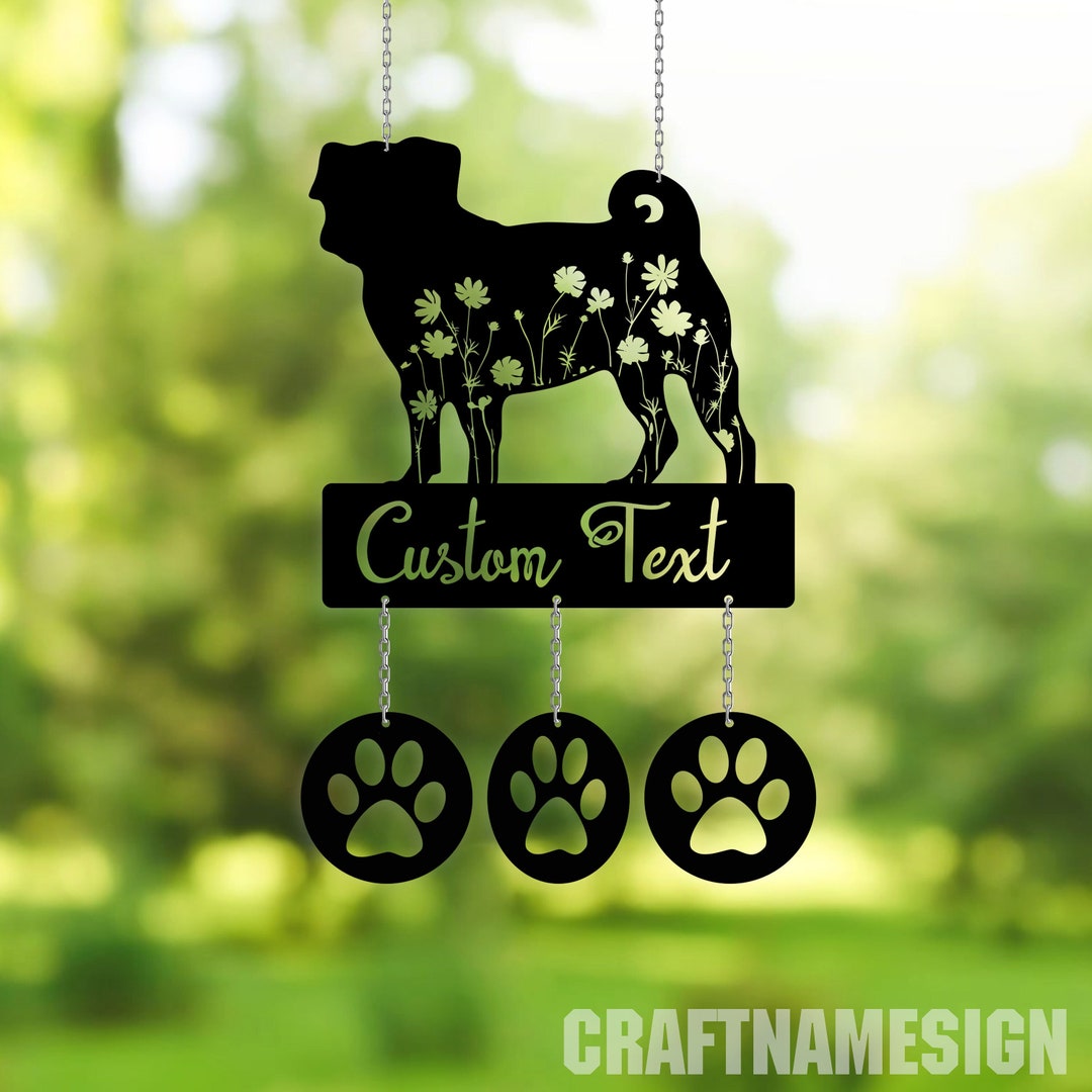 Personalized Metal Dog Wind Chime, Metal Floral Pug Garden Decor ...