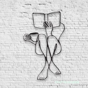 Coffee Book Reading Line Art Metal | Wall Art LED Light Book Lover Sign| Home Decor | Read More Books Nerd Decoration