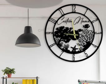 Coral Fish Metal Wall Clock, Large Wall Ocean Theme Clock Modern, Unique Wall Clocks, Personalized Coral Clocks For Ocean Shop Wall Decor