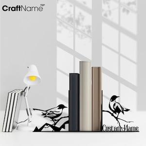 Personalized Bird Metal Table Bookend Office Decor, Custom Bird Lover Name Book End, Book Stand Black Metal Art, Book Nook Office Decor