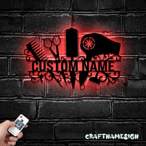 Benutzerdefinierte Friseur Metall Wand Kunst LED Licht - Personalisierte Friseur Namensschild Wohnkultur - Ideal für Wohnkultur & Geschenk