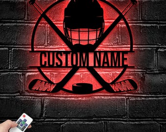 Custom Ice Hockey Metal Wall Art LED Light - Personalized Player Stick Sign Home Decor - - Ideal for Home Decor & Gift