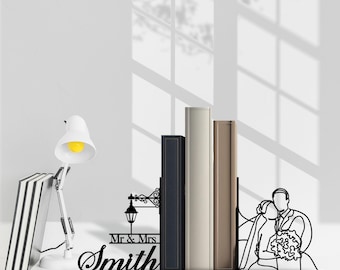 Custom Wedding Marriage Bookend, Personalized Bride & Groom Name Book End, Book Stand Black Metal Art, Book Nook Office Decor for Book Lover