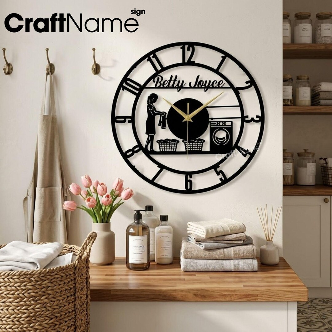 Laundry Room Metal Wall Clock, Steel Vintage Washing Themed Home Decor ...
