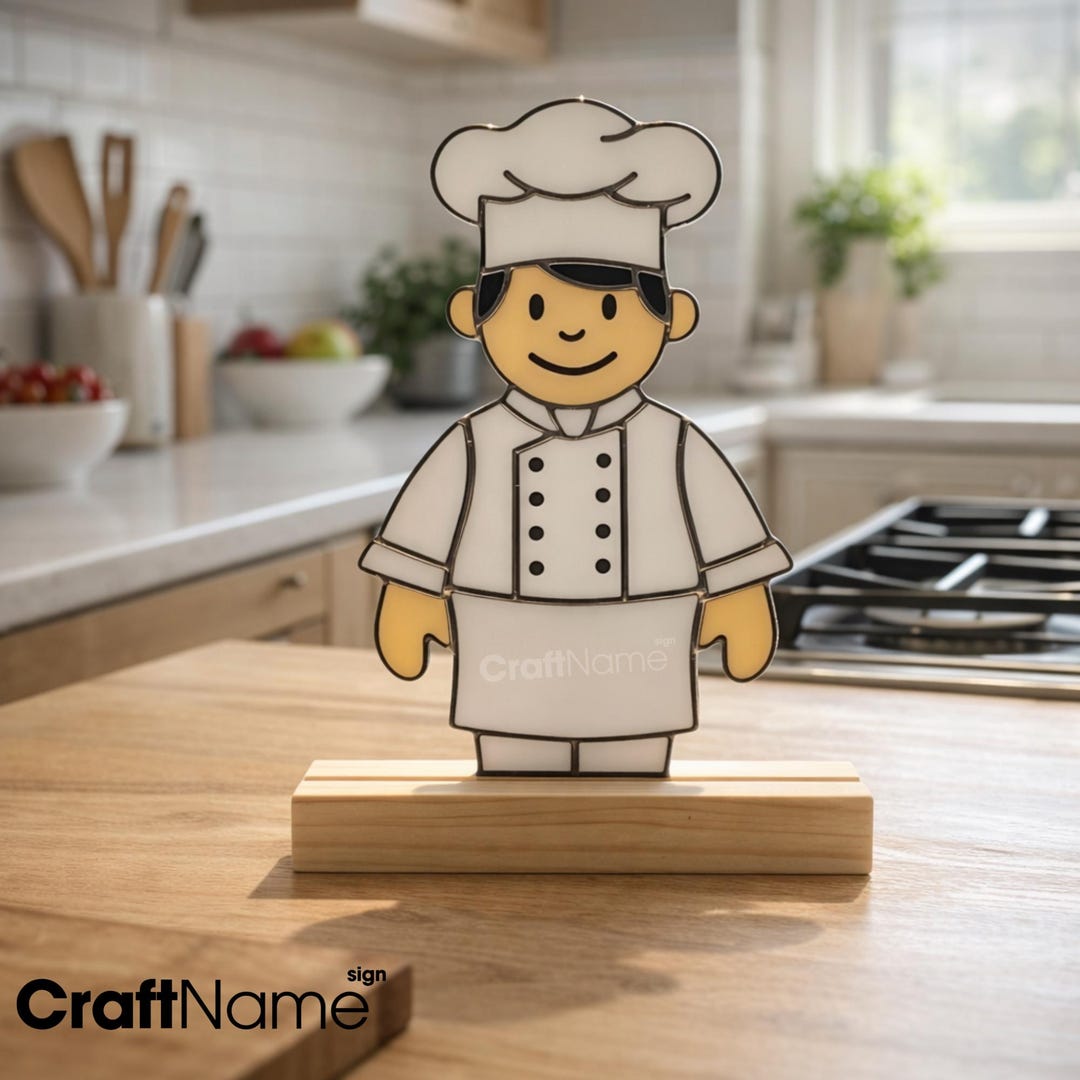 Chef Stained Glass on Wooden Base, Handmade Cook Suncatcher for Kitchen ...