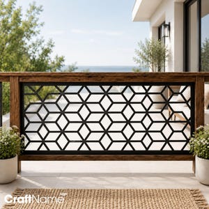 May include: A rectangular railing panel featuring a black metal frame with a geometric pattern of repeating cubes. The panel is set within a wooden frame structure. The text CraftName is visible on the lower portion of the metal panel.
