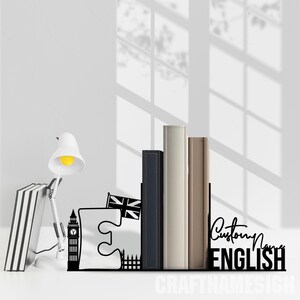 Personalized Bookend English Metal Decor, Custom English Country Lover Name Book End, Book Stand Black Metal Art, Book Nook Office Decor