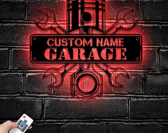 Custom Garage Metal Wall Art LED Light - Personalized Workshop Name Sign Home Decor - Ideal for Home Decor & Gift