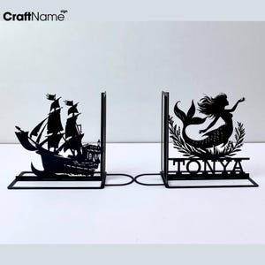 Personalized Mermaid With Pirate Ship Metal Bookend, Mermaid Lover Name Book Ends, Book Stand Black Metal Art, Book Nook Office Table Decor
