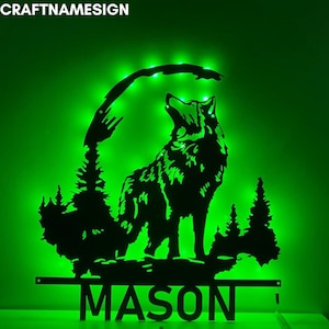 Personalized Wolf In The Moon Light Metal Wall Art Led Light, Custom Metal Sign, Wolf Led Sign, Wolf Home Wall Decor, Wolf Lover Gift