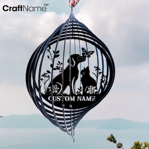 Personalized Dog & Cat Wind Spinner Metal Steel Outdoor Hanging Decor, Wind Spinner Metal Garden Decorations, Pet Lover Gifts, Hanging Sign
